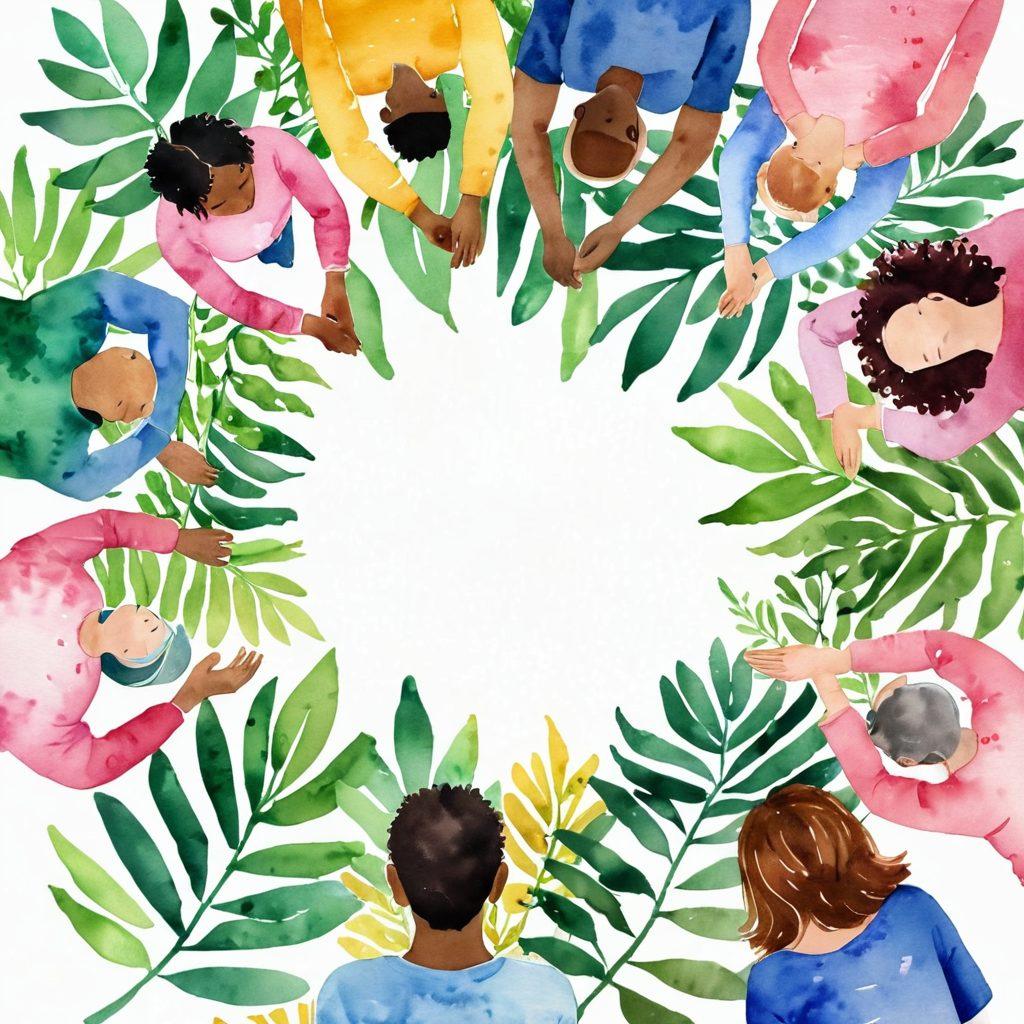 A diverse group of people sitting in a circle, sharing stories and support in a warm, inviting atmosphere. Include elements of nature, like plants and soft sunlight filtering through leaves, to symbolize healing and community. Feature diverse age groups and backgrounds, with subtle hints of oncology themes, like a pink ribbon or wellness resources. Emphasize an uplifting and positive ambiance. watercolor painting. soft pastels.