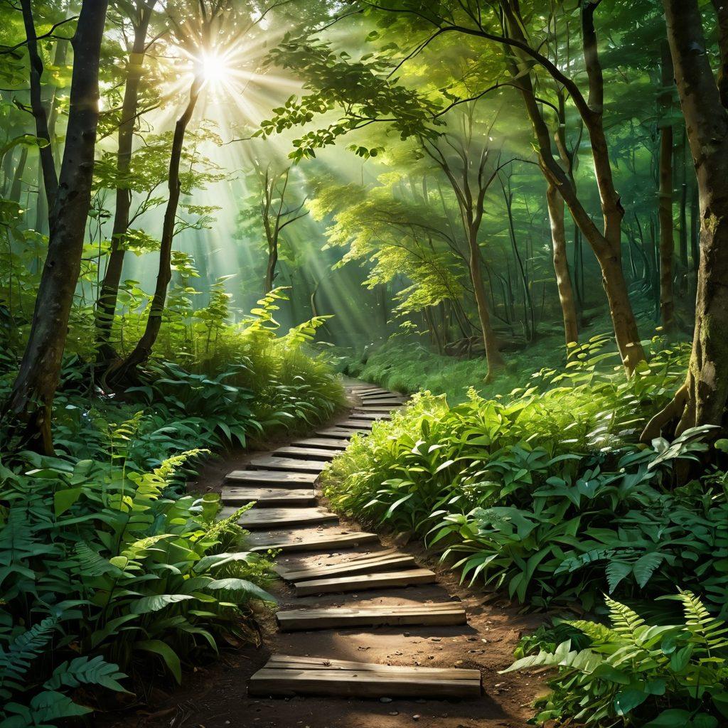 A serene, tranquil landscape depicting a winding path through a lush green forest, with rays of sunlight filtering through the leaves, symbolizing hope and empowerment. Include diverse individuals engaging in supportive activities like meditation, counseling, and holistic therapies, surrounded by elements of nature such as flowers and flowing water. The atmosphere should evoke a sense of healing and community. vibrant colors. nature-inspired. super-realistic.